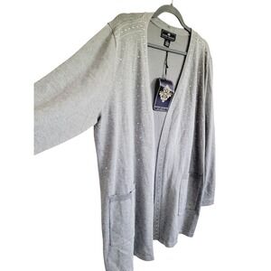 Seven Manor NYC 2X Open‎ Cardigan Size 2X Heather Gray Beaded Accents Pocket NWT